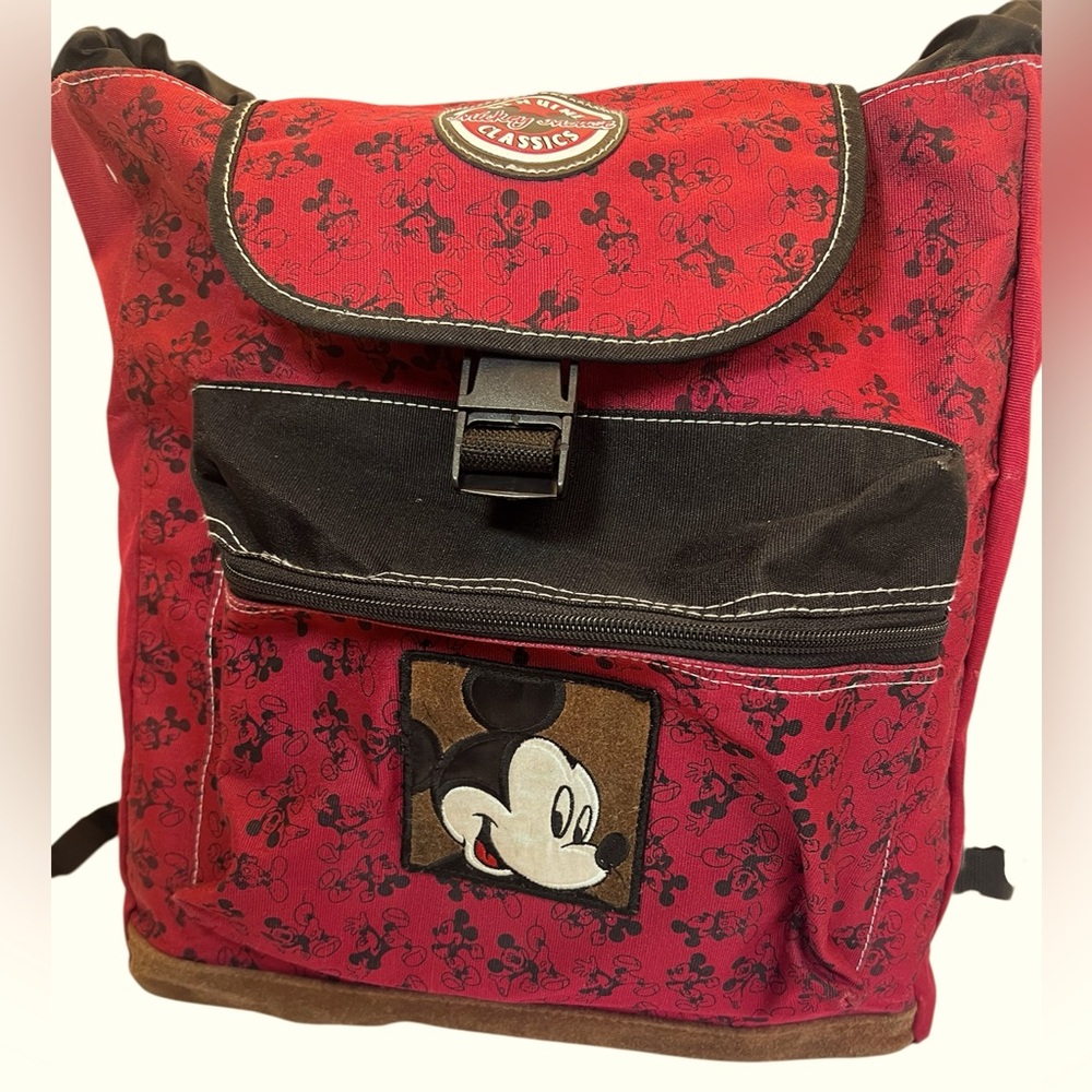 Vintage Rare Red and Black Disney MickeyMouse Drawstring Backpack with 2 Patches